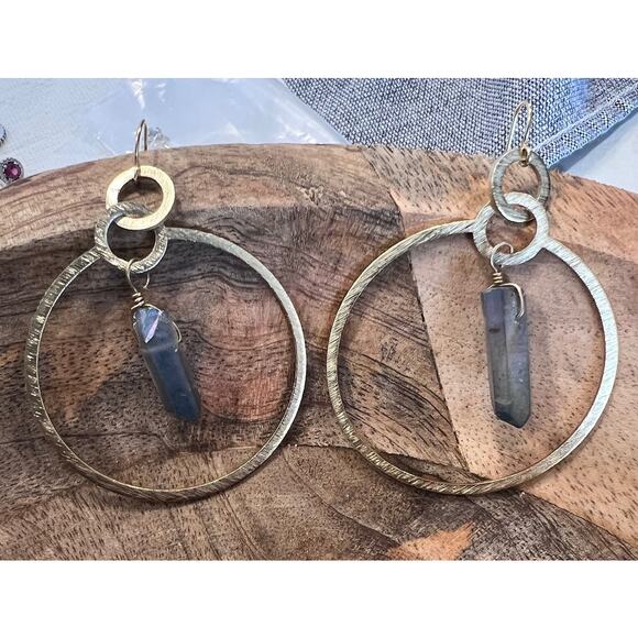 Gold-Tone Round Quartz Stone Hoop Earrings - Picture 9 of 10